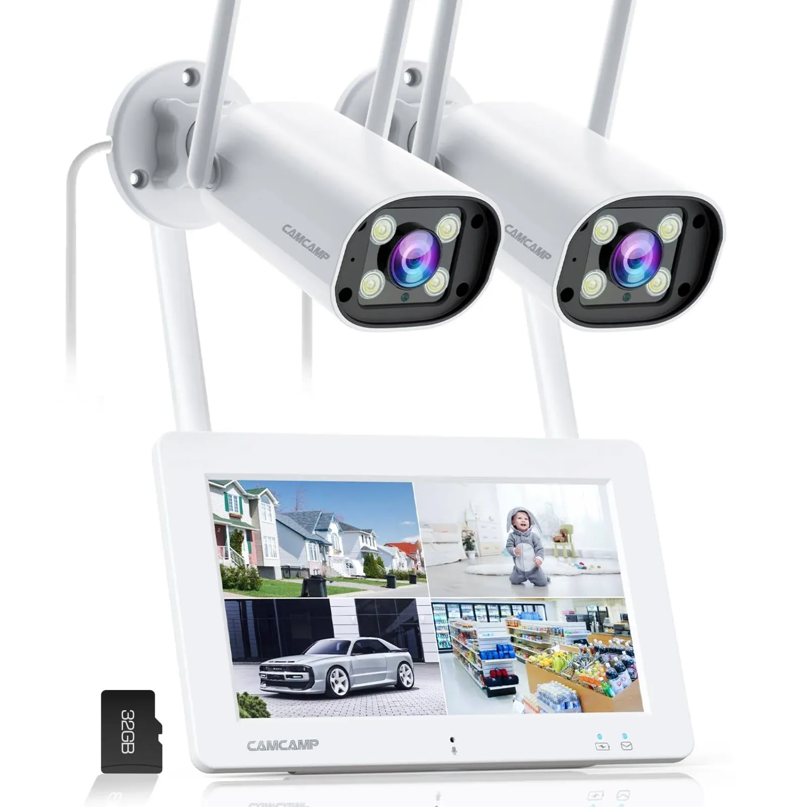 Camcamp Wireless Security Camera System with 7" Touchscreen Monitor & 2PCS 2K Wired Outdoor Security Camera, Plug-in Power, Color Night Vision, 2 Way Audio, Motion Detection, 32GB SD Card Included