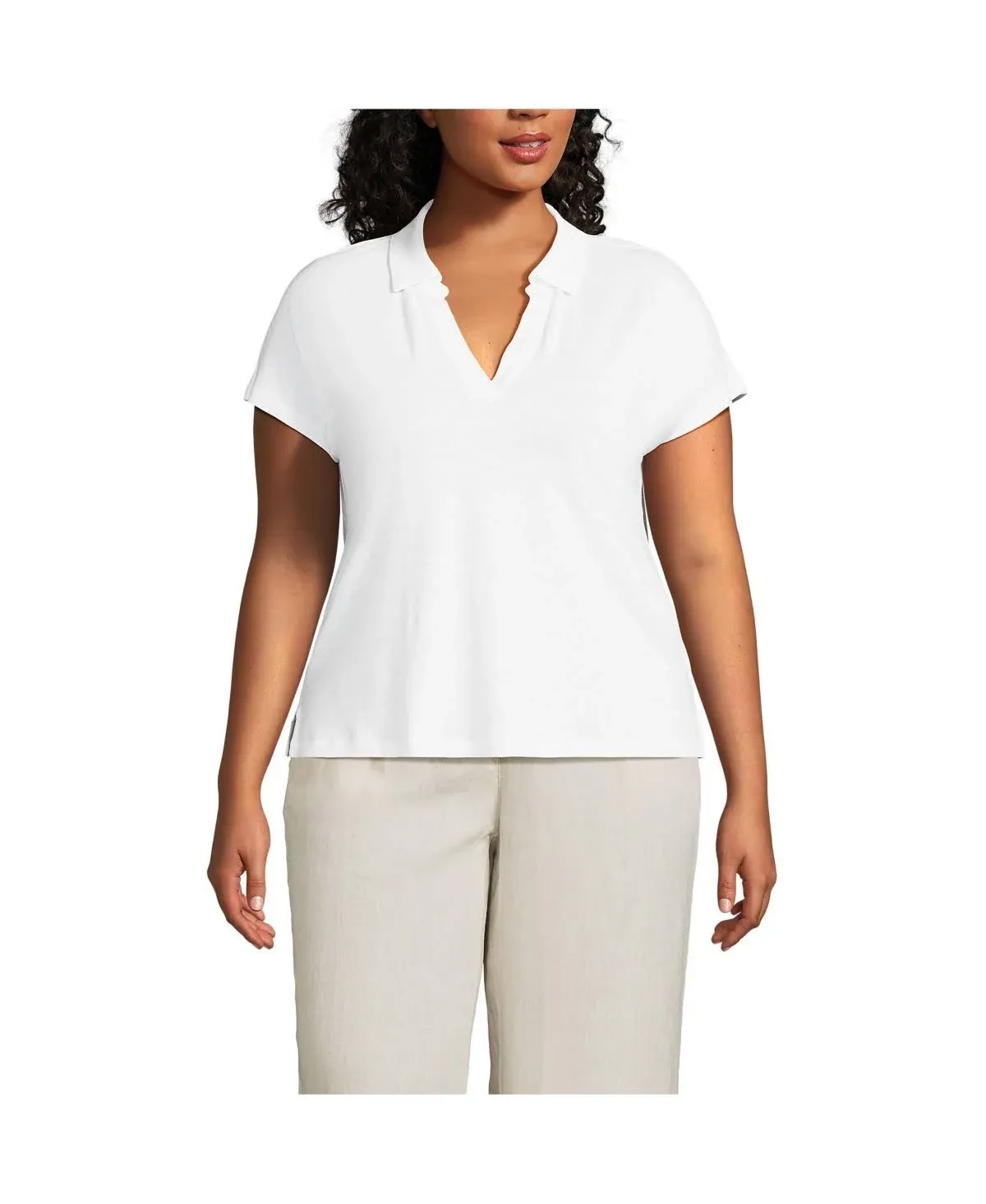 Lands' End Womens Plus Size Linen Blend Johnny Collar Polo - 3X - White