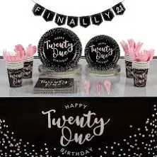 Sparkle and Bash 21st Birthday Party Supplies, Plates, Napkins, Tablecloth, Cups, Cutlery, Finally 21 Banner (24 Guests, 170 Pieces)