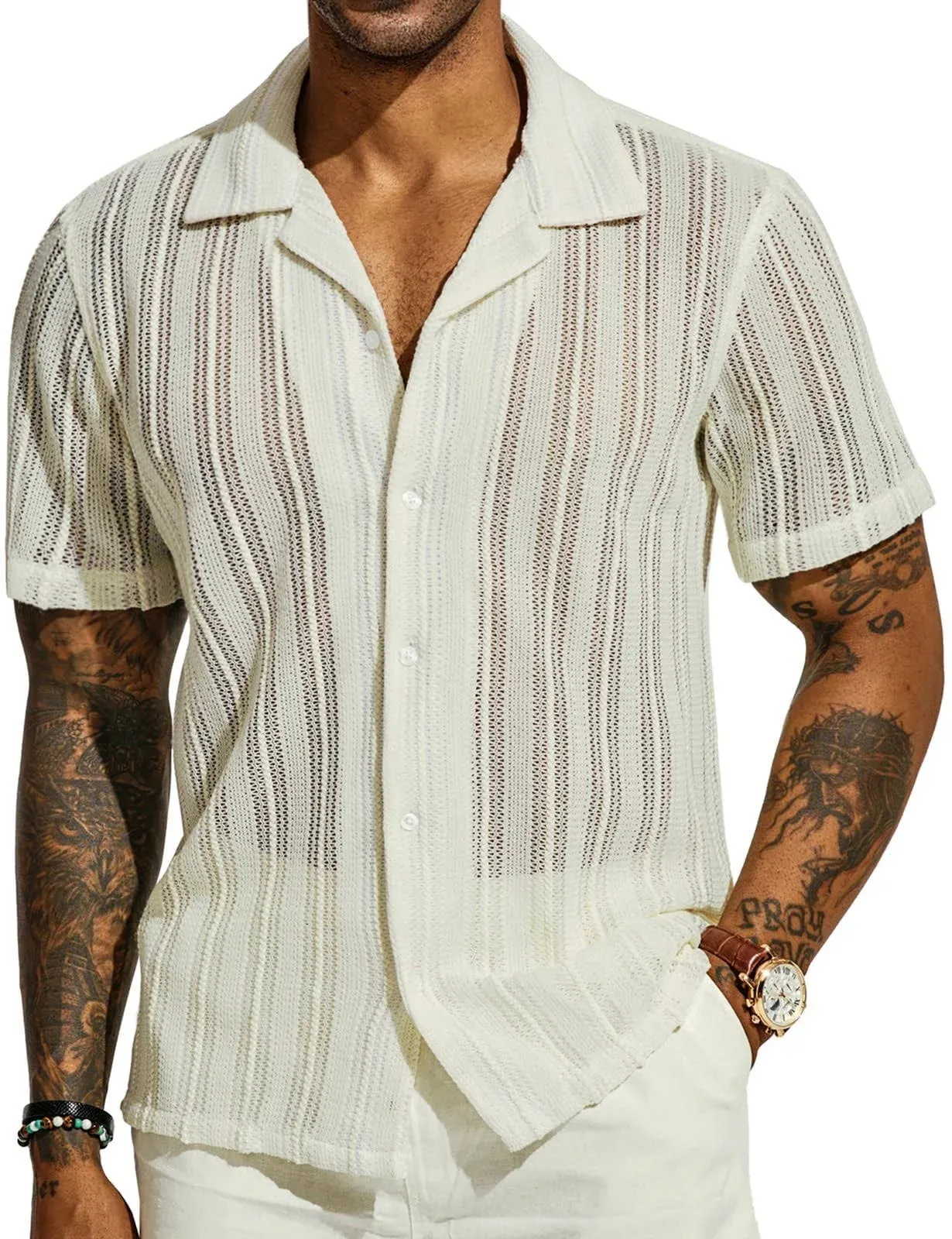 PJ PAUL JONES Men's Casual Button Down Shirts Cuban Collar Summer Beach Shirts