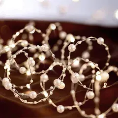 Ocean Pearl Beads String Lights, 10 ft 40 LED Lights Battery Powered with 8 Flicker Modes, Remote and Timer for Wedding, Birthday Parties, New Year, DIY Home Mantel Decoration