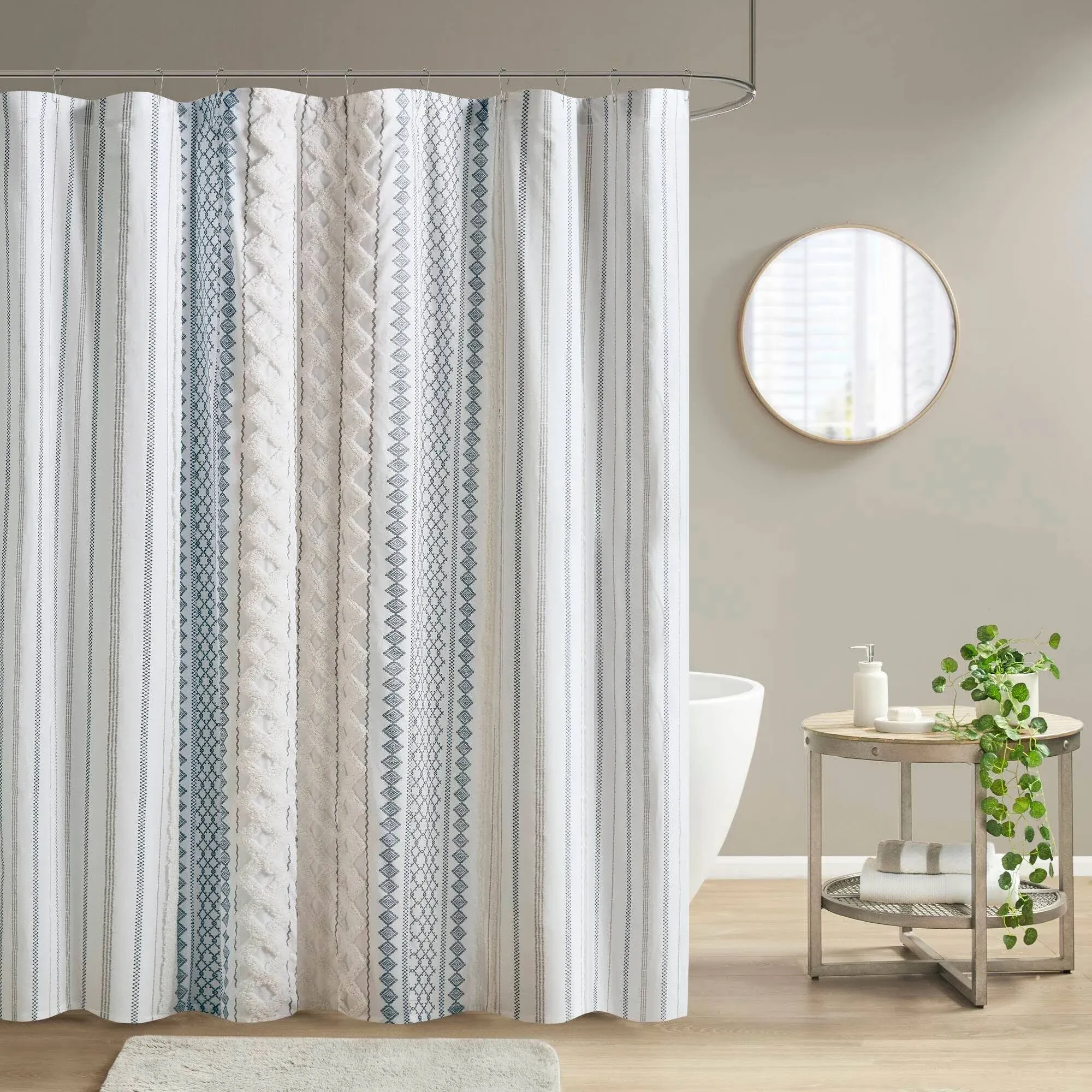 INK+IVY Imani Cotton Printed Shower Curtain with Chenille - White/Navy