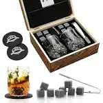 EXREIZST (Pineapple Glasses+Granite Stones) - Whiskey Stones and Whiskey Glass Gift Box Set - 8 Granite Chilling Whisky Rocks + 2 Glasses in Wooden Box