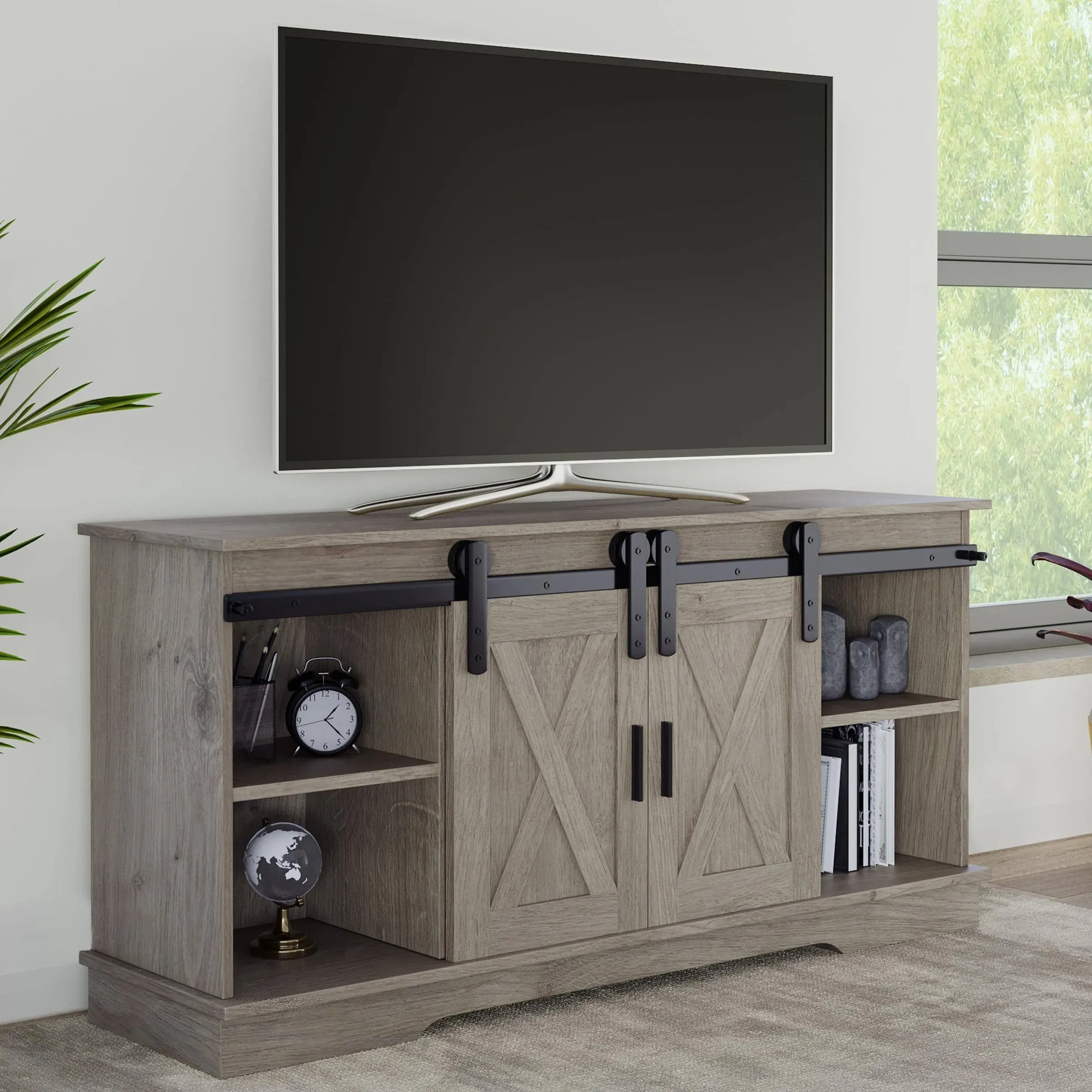 Lavish Home 65-Inch TV Stand with Sliding Barn Doors and Shelves, Gray