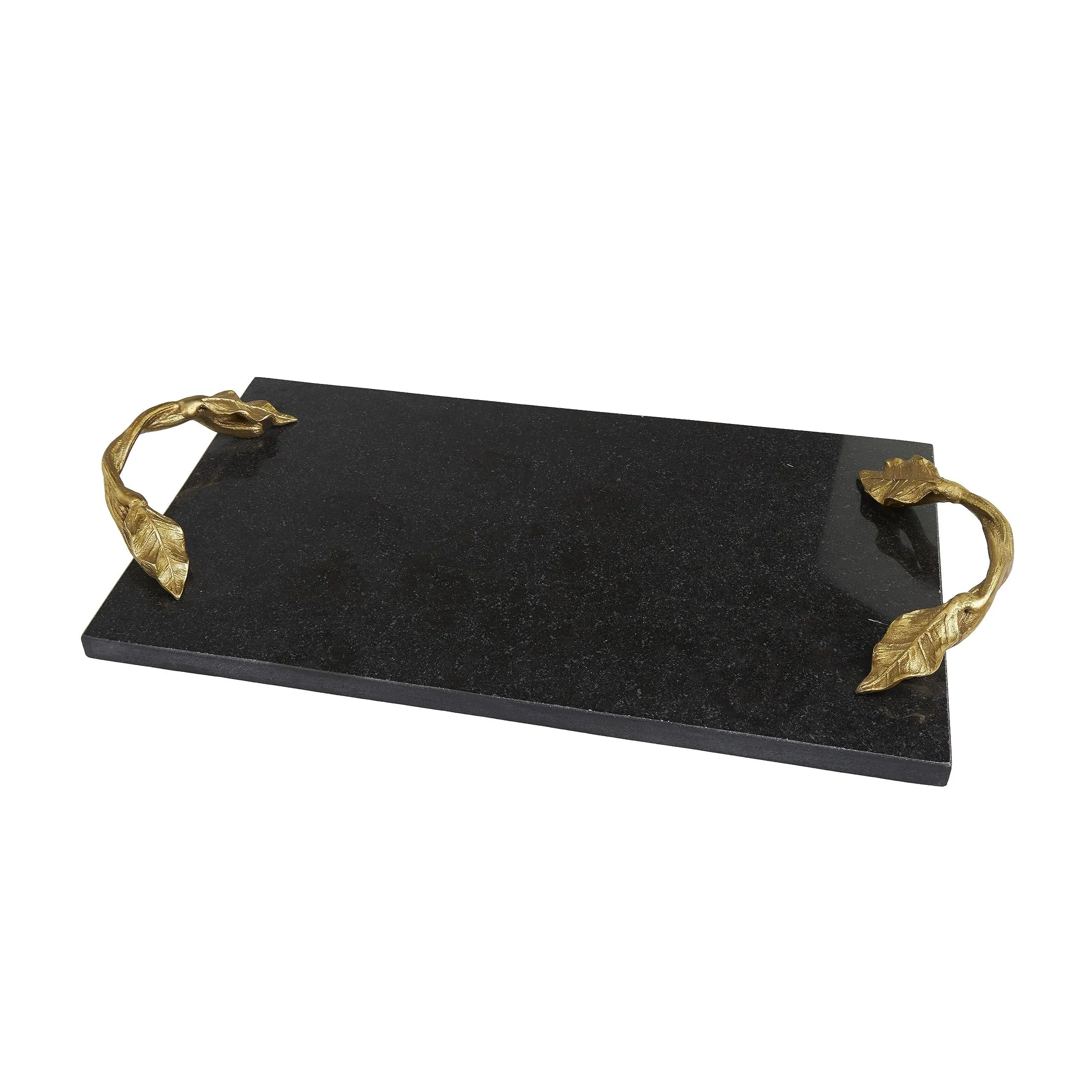 Deco 79 Marble Living Room Decor Tray Rectangle Ottoman Tray with Gold Leaf Handles, Serving Tray 21" x 10" x 2", Black