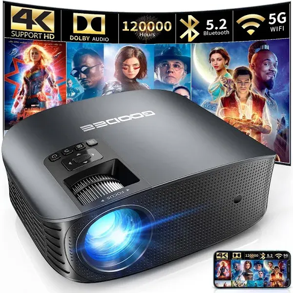 GooDee Projector 4K With WiFi And Bluetooth Supported, FHD 1080P Mini Projector For Outdoor Moives, 5G Video Projector For Home Theater Dolby Audio Zoom