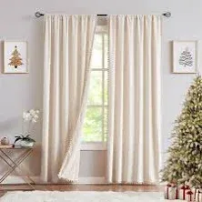 Pom-Pom Cream Velvet Curtains for Living Room 63inch Length Luxury Heavy Ivory Window Drapery for Bedroom Kids Children Room Rod Pocket 42" w x 2Panels