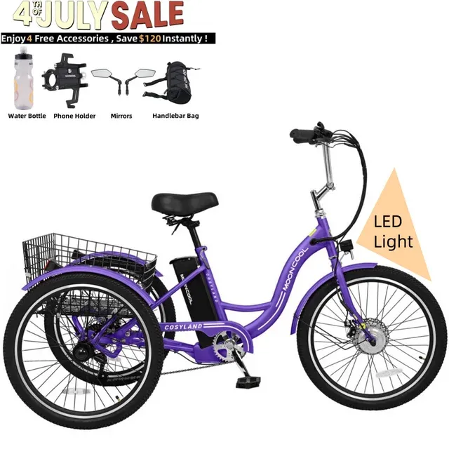 MOONCOOL 350W Motorized Electric Trike, 7 Speed 3 Wheel Electric Bicycle with 36V 14.5Ah Lithium Battery, 24" Electric Tricycle for Unisex Adults with Rear Basket