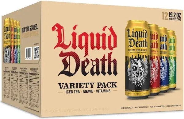 Liquid Death, Iced Tea Variety Pack (Grim Leafer, Rest in Peach, Dead Billionaire, and Green Guillotine), 12-Pack (King Size 19.2oz Cans), Tea Sweetened With Real Agave, B12 & B6 Vitamins, Low Calorie & Low Sugar