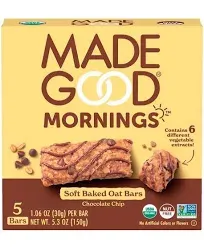 MadeGood Mornings Soft Baked Chip Oat Bars, Chocolate (1.06 oz, 5 ct)