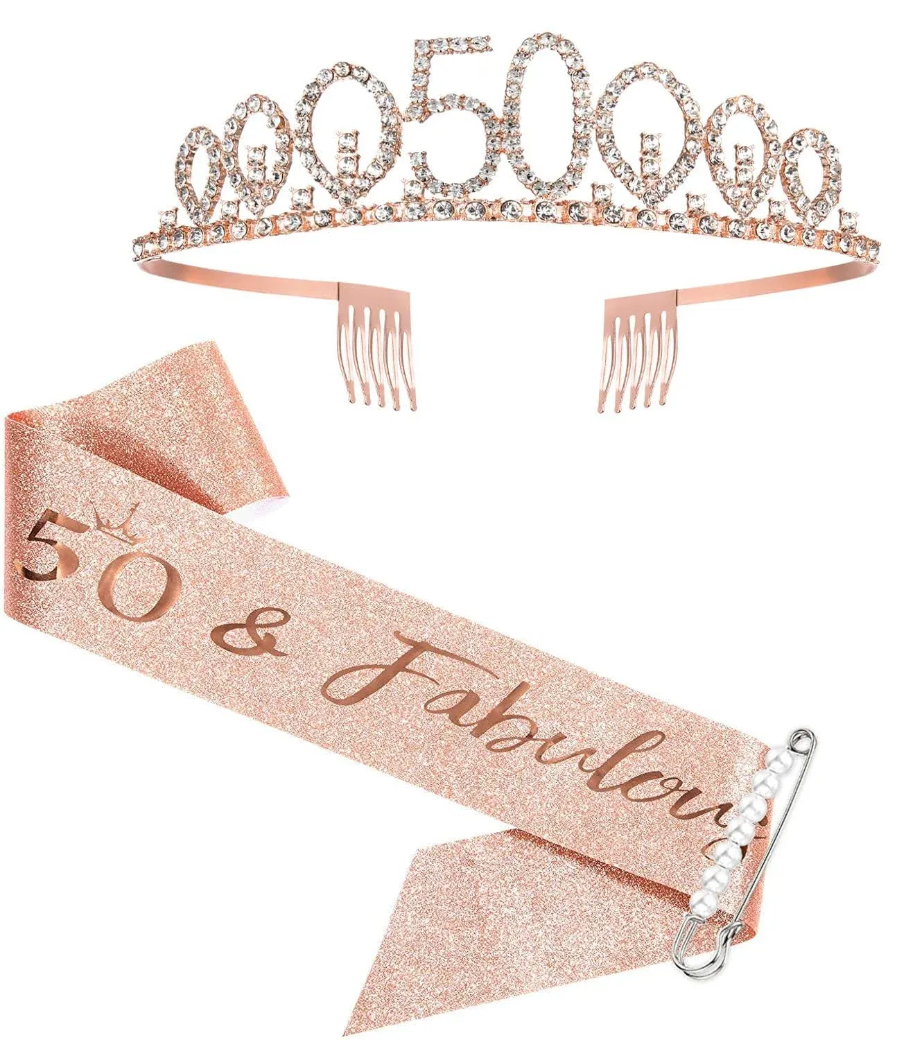 50th Birthday Sash and Tiara for Women, Rose Gold Birthday Sash Crown 50 & Fabulous Sash and Tiara for Women, 50th Birthday Gifts for Happy 50th Birthday Party Favor Supplies