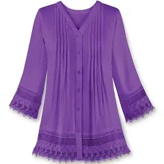 Collections Etc Women's Pintuck Lace Trim Button Down Tunic