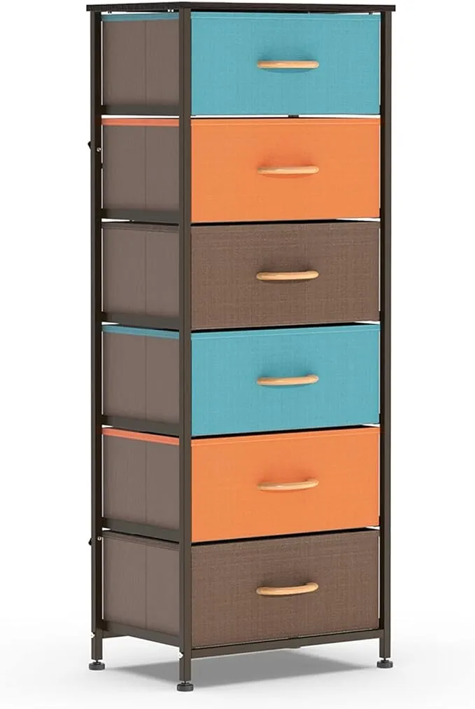 WAYTRIM Vertical Dresser Storage Tower with 6 Drawers, Fabric Organizer Dresser Tower for Bedroom, Hallway, Entryway, Closets - Brown, Orange, Green