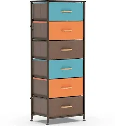 WAYTRIM Vertical Dresser Storage Tower with 6 Drawers, Fabric Organizer Dresser Tower for Bedroom, Hallway, Entryway, Closets - Brown, Orange, Green