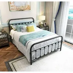 NEEBIRGELIA Metal Bed Frame Queen Size with Headboard and Footboard Single Platform Mattress Base,Metal Tube and Iron-Art Bed（Queen,Gray Silver）