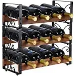 X-cosrack Rustic 3 Tier Stackable Wine Rack Freestanding 12 Bottles Organizer Holder Stand Countertop Liquor Storage Shelf Solid Wood & Iron 17" L x