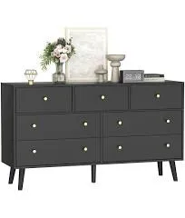 55” White Dresser, 7 Drawer Dresser for Bedroom with Wide Drawers and Gold Knobs, Wood Dressers & Chests of Drawers