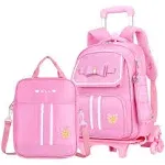 MITOWERMI Rolling Backpack for Girls Cute Trolley Bags Primary School Bookbags with Wheels Kids Carry-On Wheeled Backpack with Lunch Bag