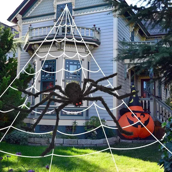 200" Spider Web Halloween Decorations Outdoor Indoor + 59" Huge Big Large Giant Spider + Fake Spider Stretch Cobweb Triangular Haunted Cute Creepy Cheap Lawn Yard Home Costumes Party Scary House Decor