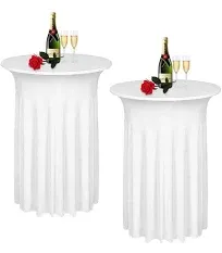 Albassa 2 Pack Cocktail Table Covers 32"x 43" Spandex Stretch Round Cocktail Tablecloths with Wavy Drapes Fitted High Top Bar Table Skirt for Wedding Party Banquet (White, 2 PCS)