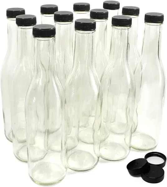 nicebottles Clear Glass Woozy Bottles 12 Oz Case of 12 Lovely Bottles Packed in Sturdy Box with 15 Black Screw Caps