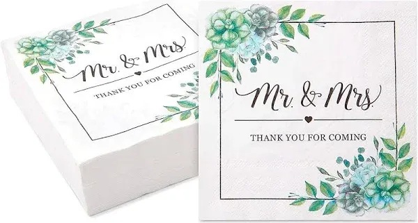 Sparkle and Bash Succulent Floral Mr. and Mrs. Paper Napkins