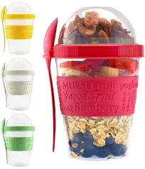 Tribello 20 OZ Overnight Oats Container With Lid, Set of 4 Crunch Cups To Go, Portable Parfait Cup With Compartments for Topping Cereal Or Oatmeal - Red