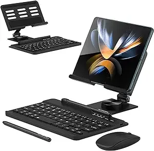 Wireless Bluetooth Keyboard & Stand Holder for Samsung Galaxy Z Fold 5 4 3 & Pixel Fold, Portable Travel Keyboard Set for Tablet iPad Mini, Adjustable Foldable Desk Holder + Stylus Pen + Mouse