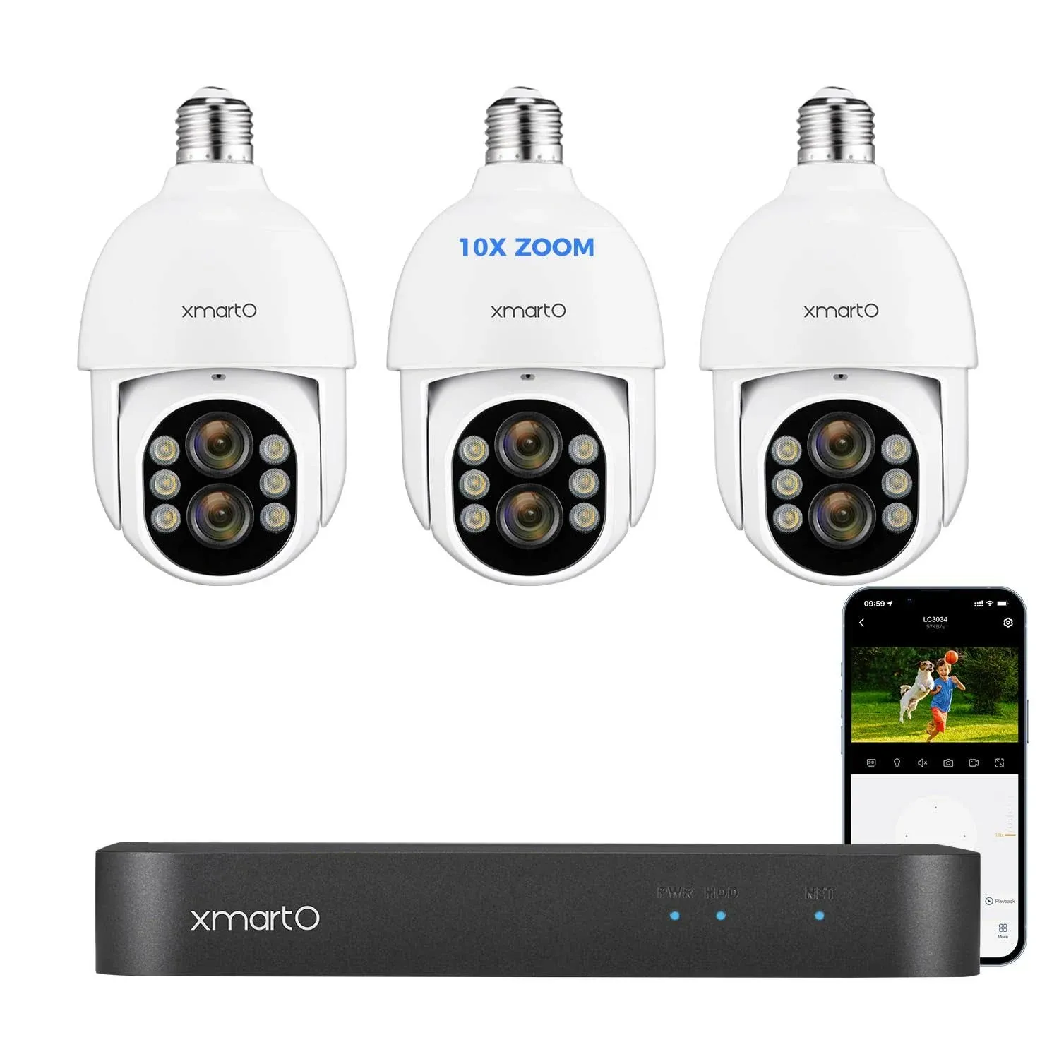 XMARTO 3-combo Light Bulb Wireless Security Camera with Recorder and Storage, Dual-Lens 10x Zoom, Ai Auto Tracking Pan/Tilt/Zoom, 24/7