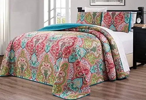 3-Piece Oversize (100&#034; X 95&#034;) Fine Printed Prewashed Boho Decor Quilt Set Revers