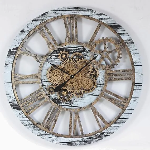 The Gears Clock 36'' Inch Real Moving Gear Wall Clock Vintage Industrial Oversized Rustic Farmhouse (White Farmhouse)