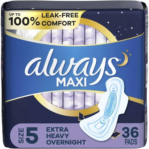 ALWAYS Maxi Size 5 Extra Heavy Overnight Pads With Wings Unscented, 27 Count