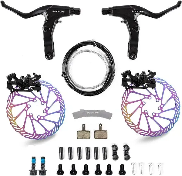 BUCKLOS Mountain Bike Disc Brake kit, MTB Mechanical Line Pulling Disc Brakes Caliper with Aluminum Alloy Levers /160mm Rotor,/is/PM Universal Adapter for Ebike/Folding Bike/Scooter/Fat Bike