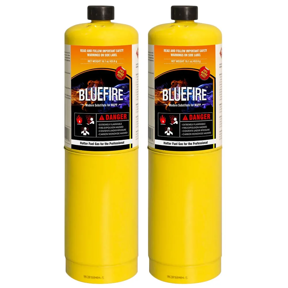 BLUEFIRE 14.1 oz Modern MAPP Gas Cylinder 99.9% High Purity Propylene Equal to MAP-PRO Hotter than Small Propane Tank Torch Fuel for Welding Brazing Soldering on Propane Torch (Pack of 2)