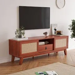 Boho Natural Rattan TV Stand 59 Inch for Living Room Mid Century Modern TV Stand with Storage,Farmhouse Media Console Entertainment Center