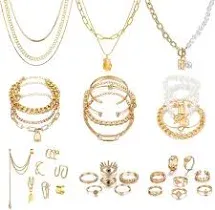 36 PCS Gold Plated Jewelry Set with 4 PCS Necklace, 11 PCS Bracelet, 7 PCS Ear C