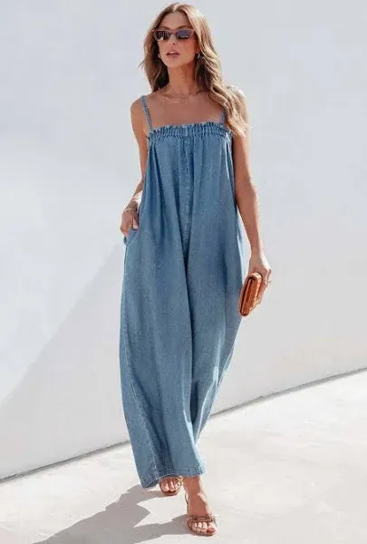 Cupshe Denim Square Neck Sleeveless Wide Leg Jumpsuit