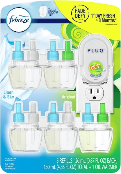 Febreze Plug in Air Fresheners, 3 Linen & Sky & 2 Gain Original Scent, Odor Eliminator for Strong Odors, 1 Warmer + 5 Oil Refills (Packaging May Vary)