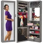 Best Choice Products Hanging Mirror Jewelry Armoire, Door or Wall Mounted Cabinet w/ LED Lights, Lock - Gray Oak