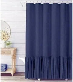 Awellife Farmhouse Shower Curtain with A Ruffle Hem Linen Blend Shower Curtain for Bathroom,72''x72'', Navy Blue