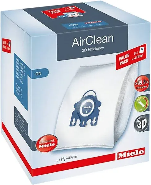 Miele AirClean 3D Efficiency Dust Bag Type GN XL Value Pack 8 Bags and 4 Filters