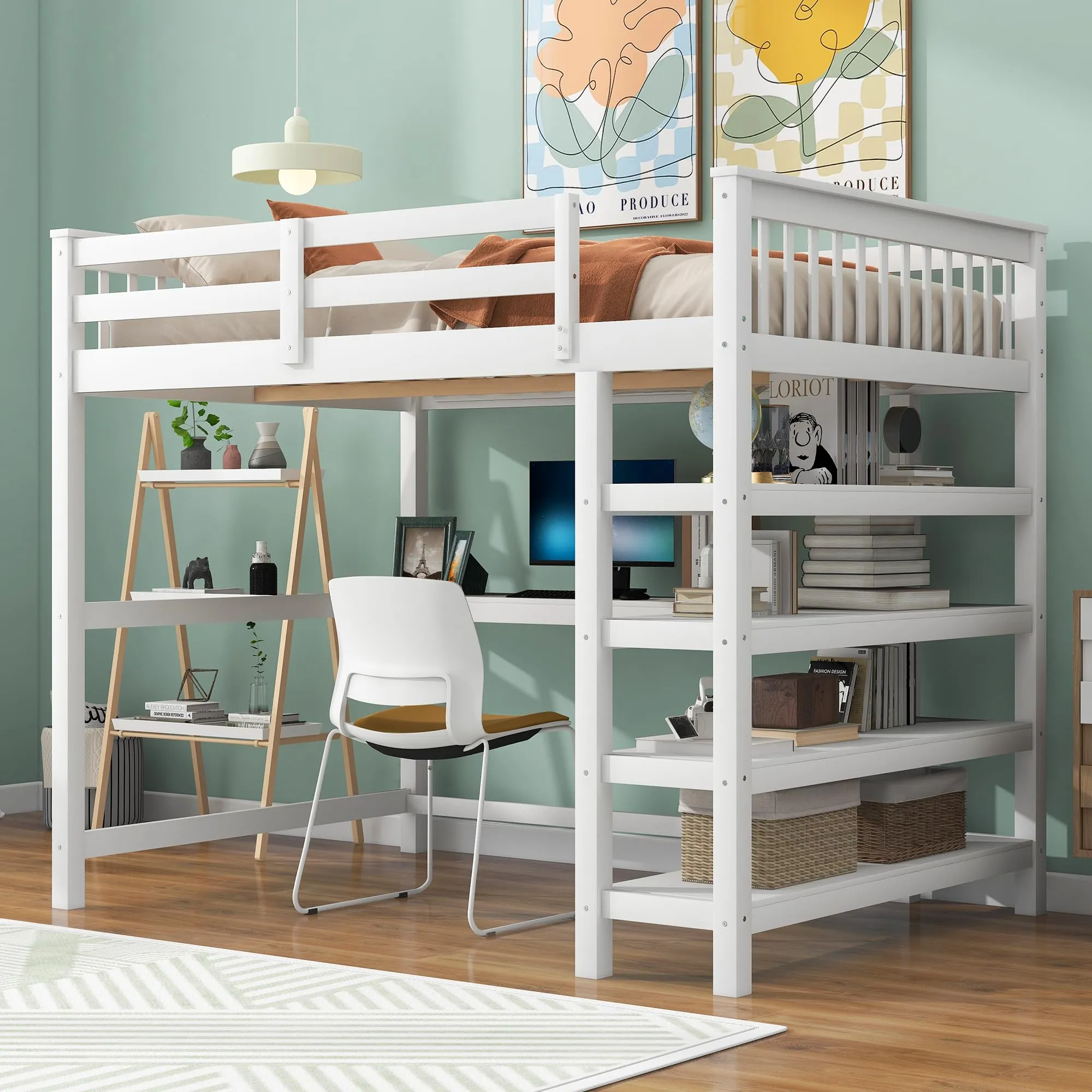 Full Size Loft Bed with Storage Shelves and Under-Bed Desk, Solid Wood Bed Frame Equipped with Full Length Guardrail and Stairs, for Kids Teens Sleep and Learn, White