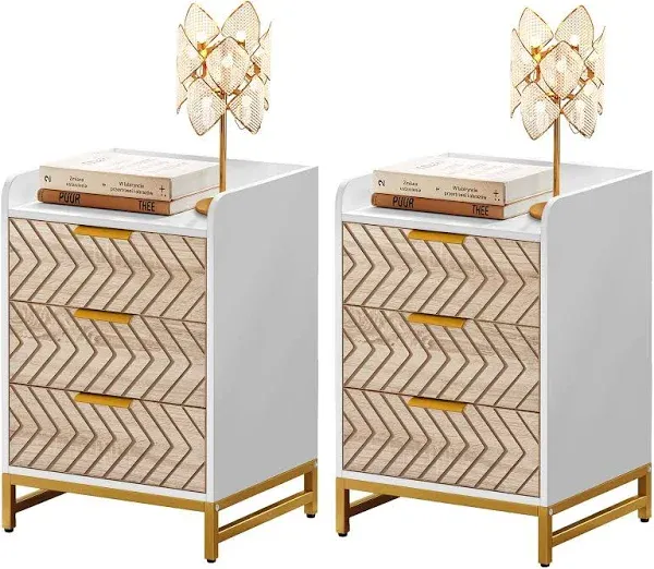 YITAHOME Nightstand with 3 Drawers, Modern Bedside Table with Chevron Design and Gold Metal Legs, Small End Side Table, Night Stands with Lip for