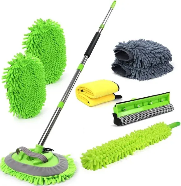 Car Wash Brush with Long Handle Microfiber 62&#034; Brush Soft Mop Mitt Green Suit