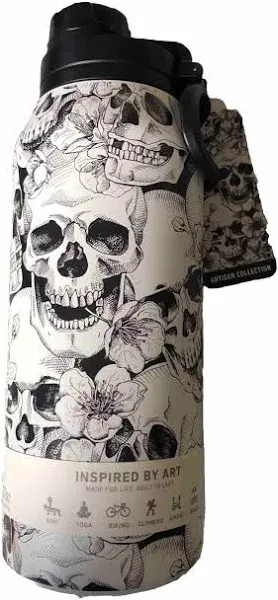 Hydrapeak Artisan 32 ounce Insulated Stainless Steel Bottle (White & Black Skulls with Flowers)