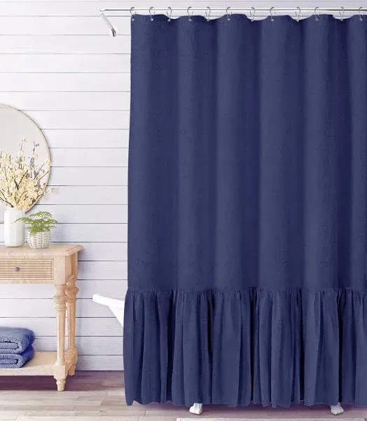 Awellife Farmhouse Shower Curtain with A Ruffle Hem Linen Blend Shower Curtain for Bathroom,72''x72'', Navy Blue