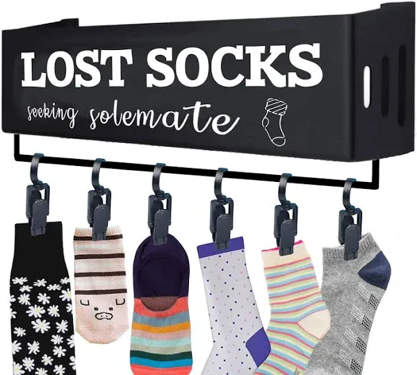 Lost Socks Basket with 6 Clips Farmhouse Laundry Room Decor 11&#034;x3&#034;x4&#034; Black