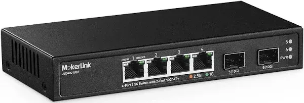 MokerLink 4 Port 2.5G Ethernet Switch with 2 Port 10G SFP+ Slot, 4 x 2.5G Base-T Ports Compatible with 10/100/1000Mbps, Metal Unmanaged Fanless Small Network Switch