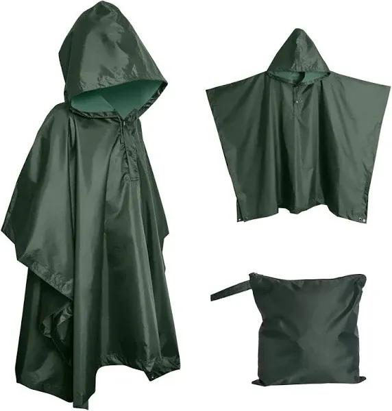 Lingito Heavy Duty Rain Poncho for Backpacking, Waterproof Lightweight for Adults, Military, Emergency, Camping, Men, Women (Adult-Green)