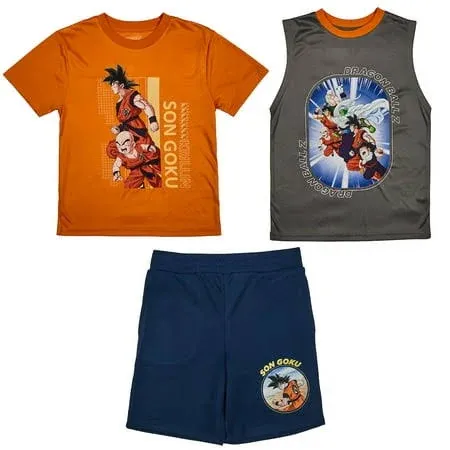 Dragon Ball Z Boy's Short Sleeve Tee, Gray Muscle Tank, and Athletic Shorts Set